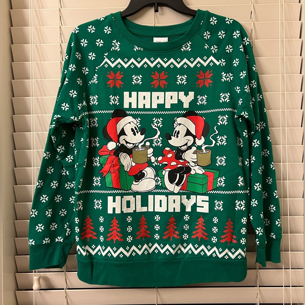 Disney Christmas Sweatshirt Mickey Minnie Green Happy Holidays Women’s Medium